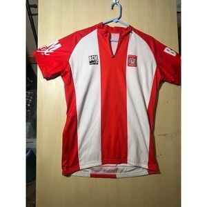 BCM Polska Cycling Jersey Mens Short Sleeve Red White Stripe Bike Shirt
